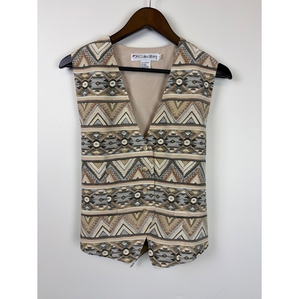 JH Collectibles Silk Vest 14 Tan Brown Geometric Southwestern Vintage 90s Boho